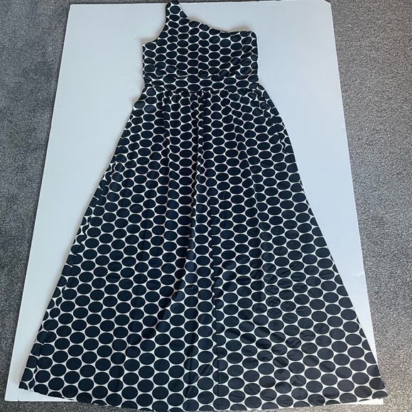 Women Lovely Black with Big White Dots One-shoulder Maxi Dress Stretchy Fabric - Picture 2 of 13